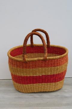 catalog photo of large woven basket w/ leather wrapped handles, storage tote or french country style market basket