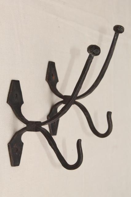 photo of large wrought iron coat hooks, wall mount hook lot, vintage hardware #1