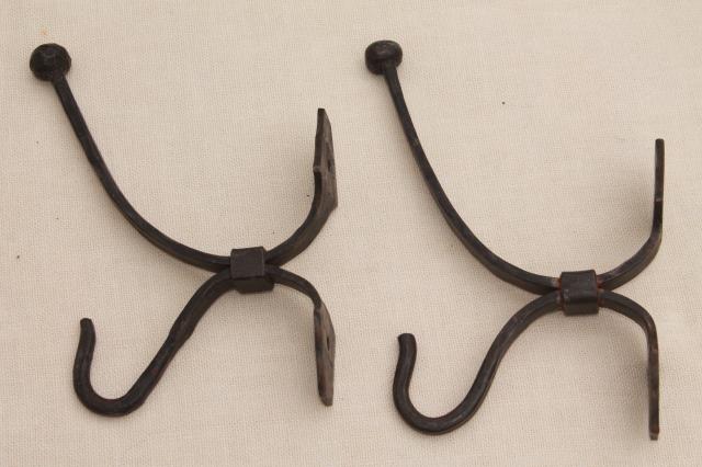 photo of large wrought iron coat hooks, wall mount hook lot, vintage hardware #3