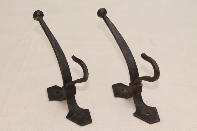 photo of large wrought iron coat hooks, wall mount hook lot, vintage hardware #7