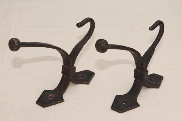 photo of large wrought iron coat hooks, wall mount hook lot, vintage hardware #8