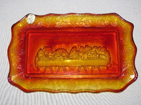 photo of last supper amberina glass tray, tiara label #1