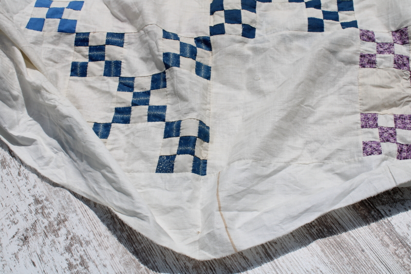 photo of late 1800s early 1900s vintage hand stitched patchwork quilt top, antique cotton fabrics blues reds  #2