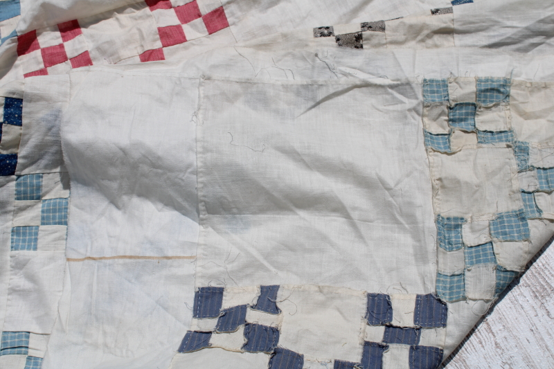 photo of late 1800s early 1900s vintage hand stitched patchwork quilt top, antique cotton fabrics blues reds  #3