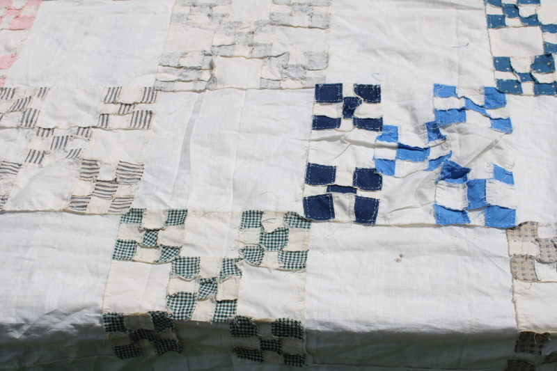 photo of late 1800s early 1900s vintage hand stitched patchwork quilt top, antique cotton fabrics blues reds  #4