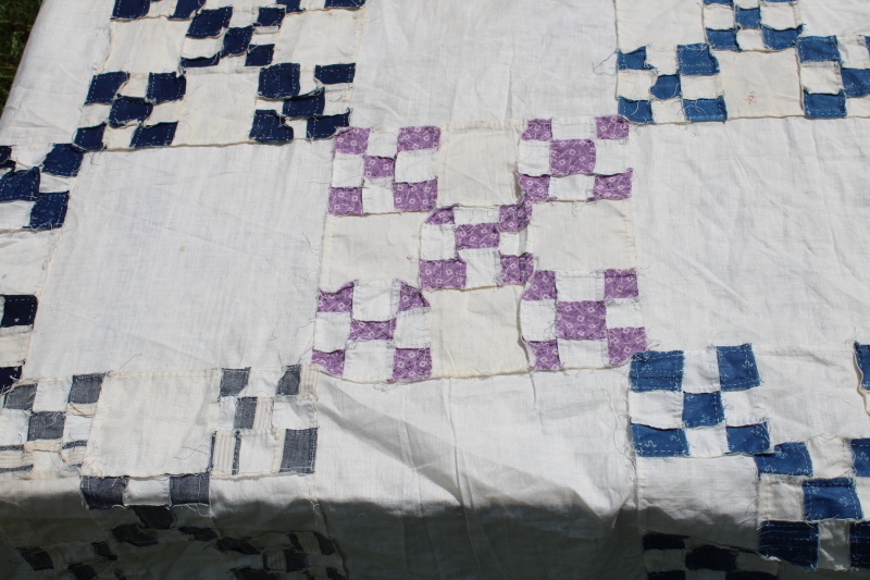 photo of late 1800s early 1900s vintage hand stitched patchwork quilt top, antique cotton fabrics blues reds  #5
