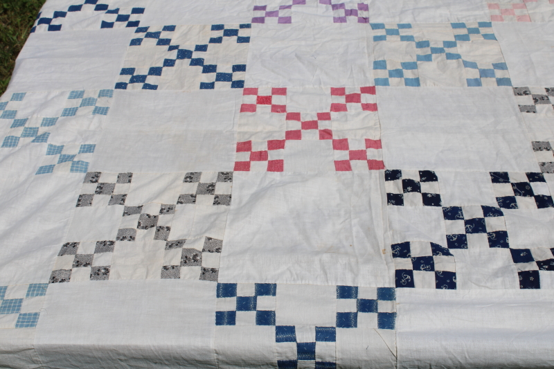 photo of late 1800s early 1900s vintage hand stitched patchwork quilt top, antique cotton fabrics blues reds  #7