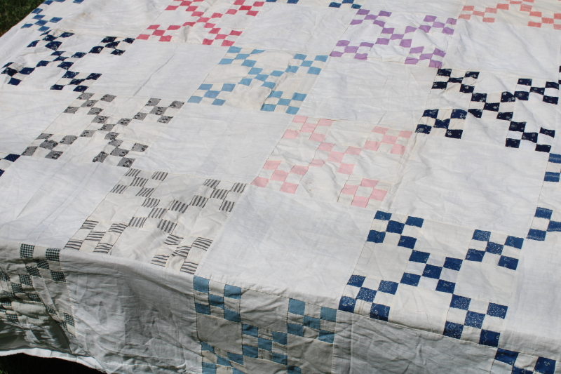 photo of late 1800s early 1900s vintage hand stitched patchwork quilt top, antique cotton fabrics blues reds  #8