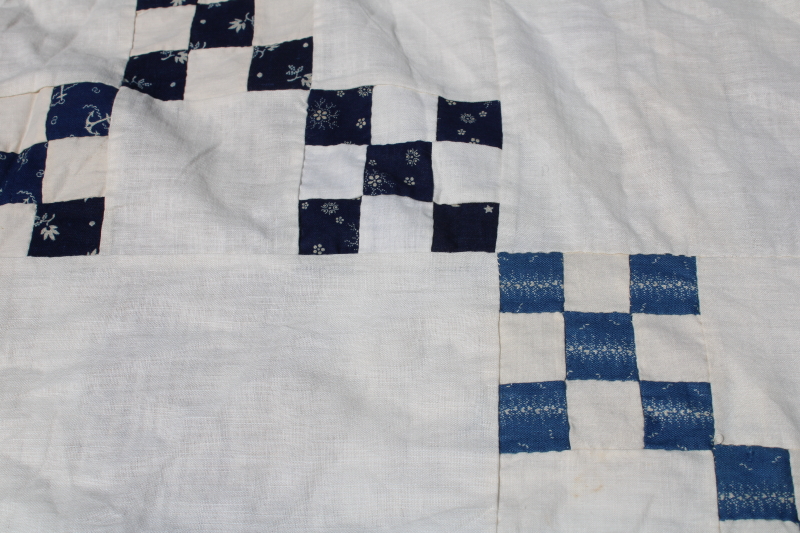 photo of late 1800s early 1900s vintage hand stitched patchwork quilt top, antique cotton fabrics blues reds  #9
