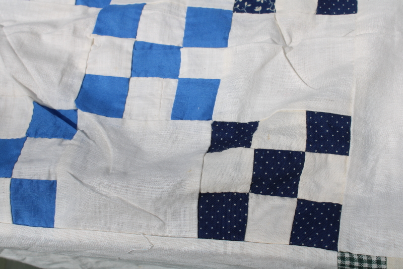 photo of late 1800s early 1900s vintage hand stitched patchwork quilt top, antique cotton fabrics blues reds  #10