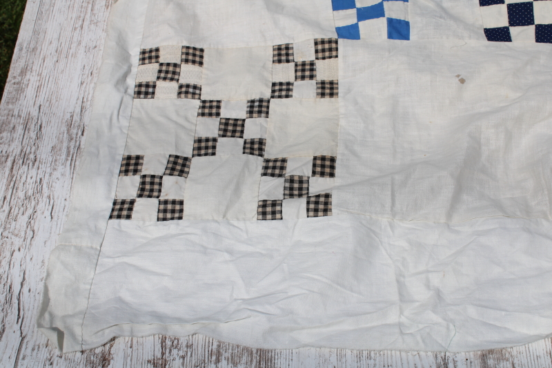 photo of late 1800s early 1900s vintage hand stitched patchwork quilt top, antique cotton fabrics blues reds  #11