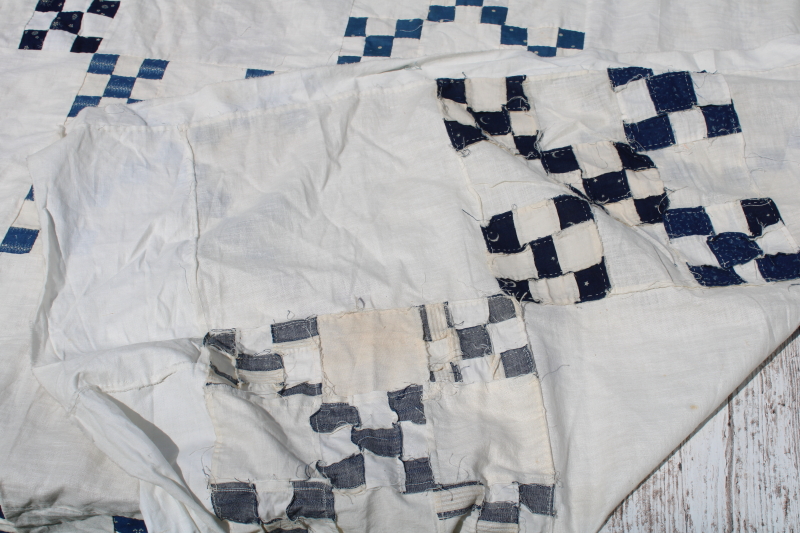 photo of late 1800s early 1900s vintage hand stitched patchwork quilt top, antique cotton fabrics blues reds  #12