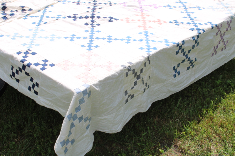 photo of late 1800s early 1900s vintage hand stitched patchwork quilt top, antique cotton fabrics blues reds  #13