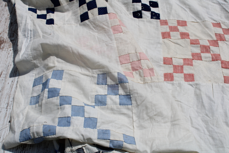 photo of late 1800s early 1900s vintage hand stitched patchwork quilt top, antique cotton fabrics blues reds  #14