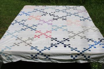 catalog photo of late 1800s early 1900s vintage hand stitched patchwork quilt top, antique cotton fabrics blues reds 