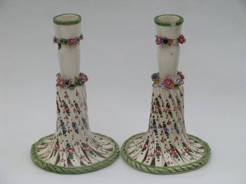 photo of latticino pottery candlesticks w/ hand-painted flowers, vintage Italy #1