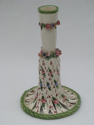 photo of latticino pottery candlesticks w/ hand-painted flowers, vintage Italy #2