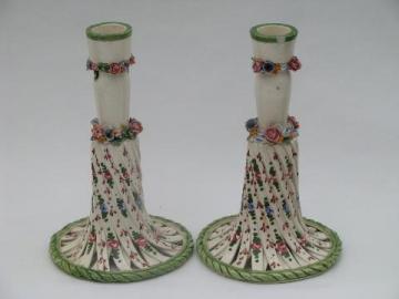 catalog photo of latticino pottery candlesticks w/ hand-painted flowers, vintage Italy