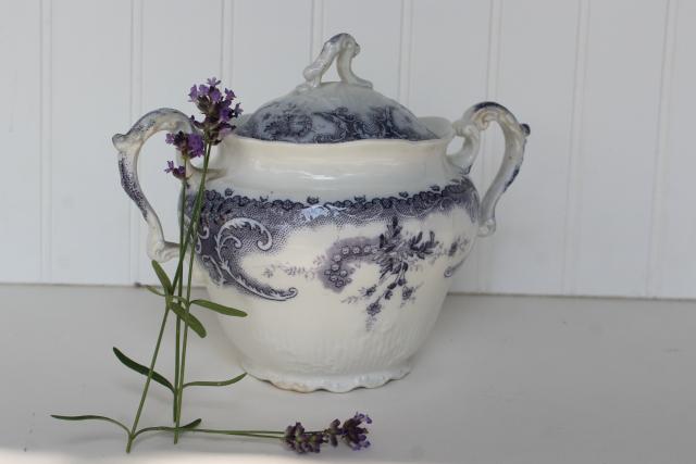 photo of lavender purple antique English transferware china biscuit jar or sugar bowl #1