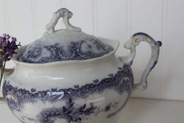 photo of lavender purple antique English transferware china biscuit jar or sugar bowl #2