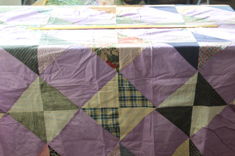 photo of lavender vintage patchwork quilt top, cotton& flannel shirtings, rayon dress fabric #1