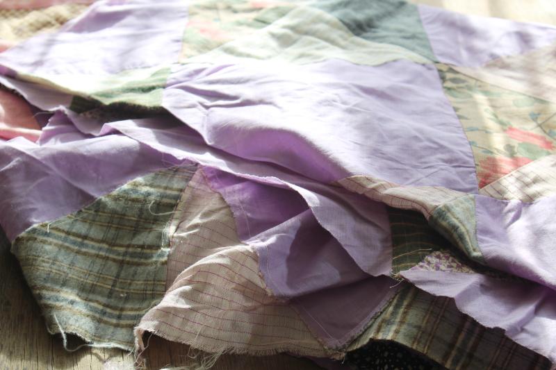 photo of lavender vintage patchwork quilt top, cotton& flannel shirtings, rayon dress fabric #3