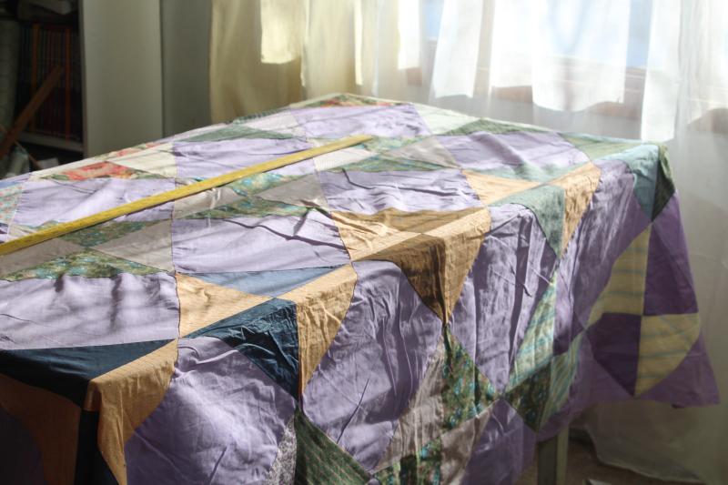 photo of lavender vintage patchwork quilt top, cotton& flannel shirtings, rayon dress fabric #5