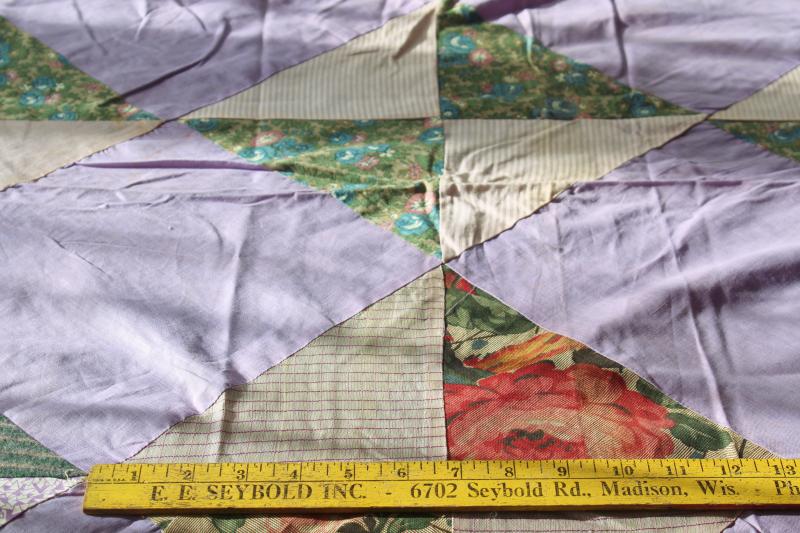 photo of lavender vintage patchwork quilt top, cotton& flannel shirtings, rayon dress fabric #6