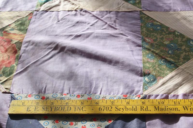 photo of lavender vintage patchwork quilt top, cotton& flannel shirtings, rayon dress fabric #7