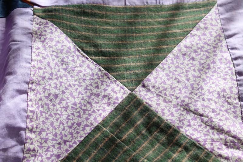 photo of lavender vintage patchwork quilt top, cotton& flannel shirtings, rayon dress fabric #9