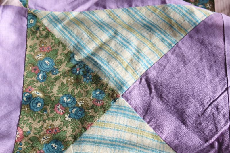 photo of lavender vintage patchwork quilt top, cotton& flannel shirtings, rayon dress fabric #10