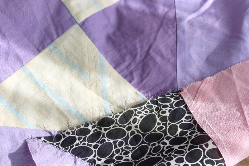 photo of lavender vintage patchwork quilt top, cotton& flannel shirtings, rayon dress fabric #11