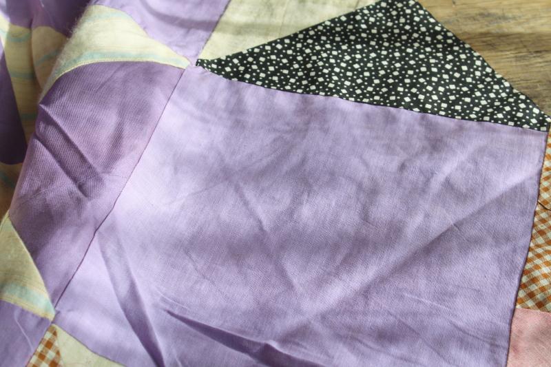 photo of lavender vintage patchwork quilt top, cotton& flannel shirtings, rayon dress fabric #12