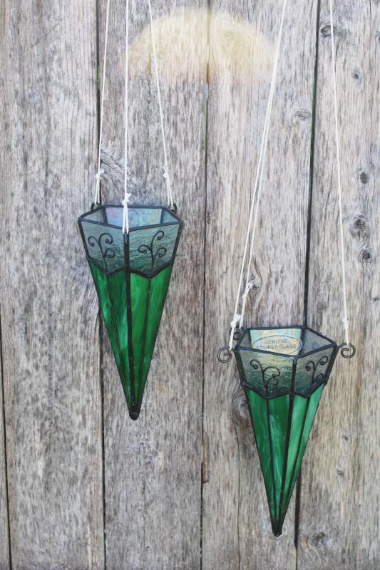 photo of leaded stained glass hanging candle shades, antique arts & crafts style cone vases #1