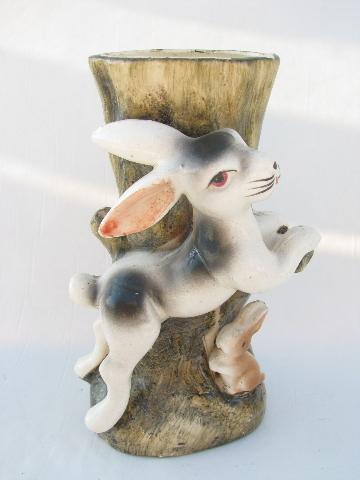 photo of leaping hare & little rabbit figural china vase, hand-painted vintage Japan #1