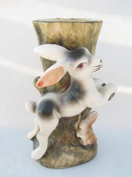 catalog photo of leaping hare & little rabbit figural china vase, hand-painted vintage Japan