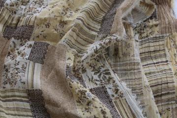 catalog photo of light floaty cotton crinkle gauze fabric w/ retro boho patchwork floral earth tones