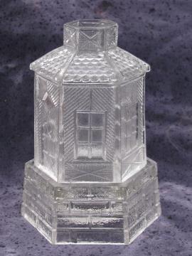 catalog photo of light house pressed glass fairy candle lamp, lighthouse pattern