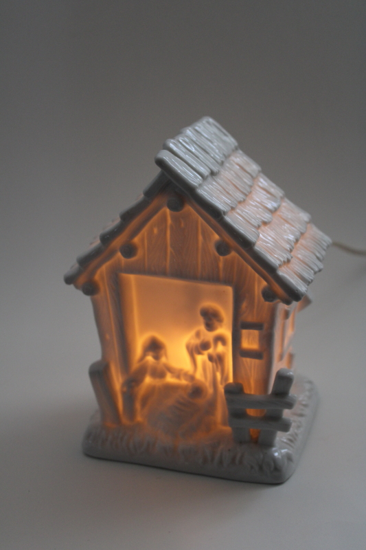photo of lighted Nativity scene, vintage white porcelain night light Holy family in stable #1