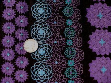 catalog photo of lightweight cotton fabric, retro vintage purple flower print on black