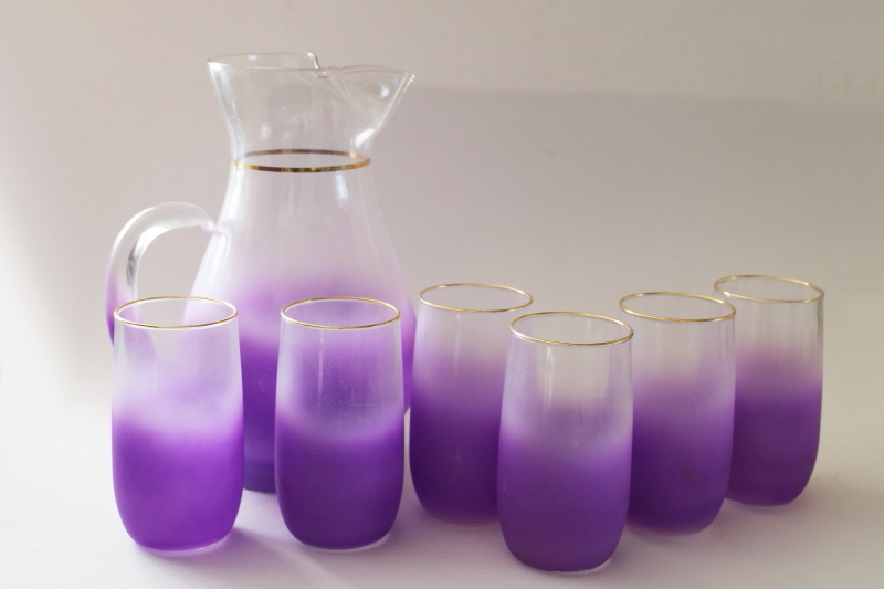 photo of lilac purple vintage Blendo glass cocktail pitcher & highball tumblers, mod drinking glasses set  #1