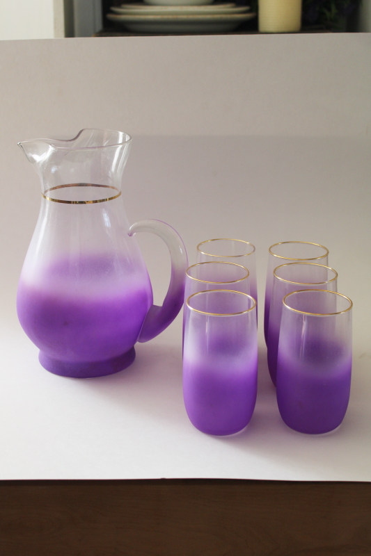 photo of lilac purple vintage Blendo glass cocktail pitcher & highball tumblers, mod drinking glasses set  #5