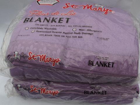 photo of lilac purple vintage St. Marys rayon blankets, pair mint in packages #1