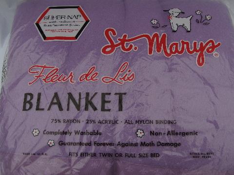 photo of lilac purple vintage St. Marys rayon blankets, pair mint in packages #4