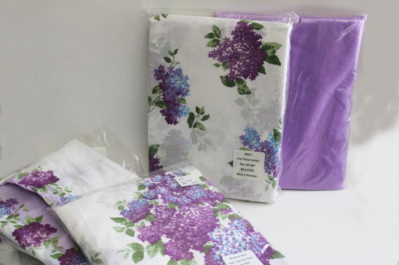 photo of lilacs print cotton pillow shams and curtain panels w/ lavender sheers, vintage granny chic  #1