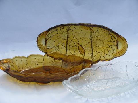 photo of lily pons flower pattern, vintage Indiana amber & clear glass celery dishes #1