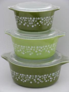 catalog photo of lime green and white crazy daisy spring blossom Pyrex casseroles set