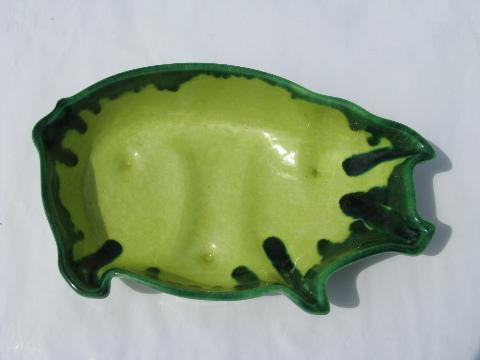 photo of lime green drip vintage California pottery pig shape bowls, relish dishes #2