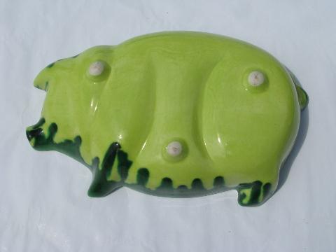 photo of lime green drip vintage California pottery pig shape bowls, relish dishes #3