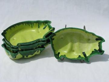 catalog photo of lime green drip vintage California pottery pig shape bowls, relish dishes